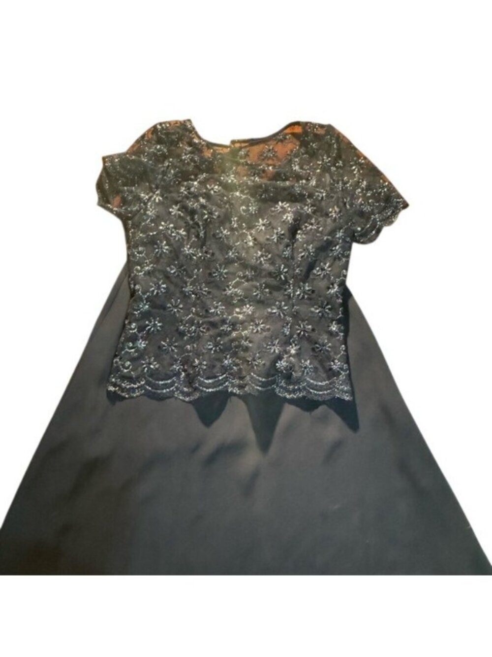 Michaelangelo Navy Blue Two-Piece Gown With Beaded Lace Top & Flowing Skirt Size